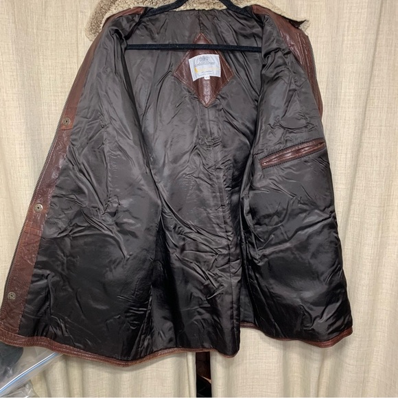 Aquascutum London Vintage Brown Leather Coat Sz 44 XL Oversize Aviator Collar - Picture 4 of 16